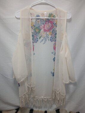 Xhilaration Sheer Lace Trim Kimono Cardigan Cream L